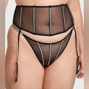 M/M/L Victoria's Secret Shine Sheer Garter Thong Panty Set  Black